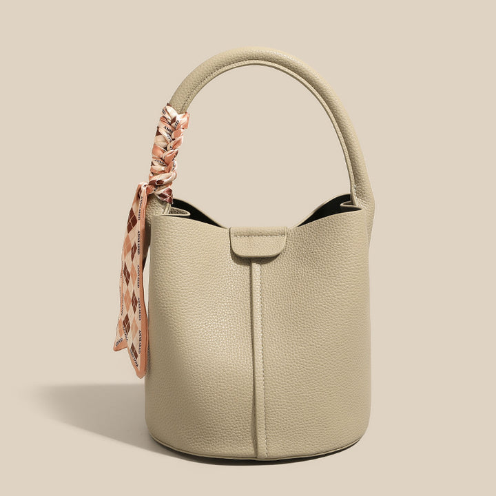 Textured Leather Bucket Bag with Scarf Detail