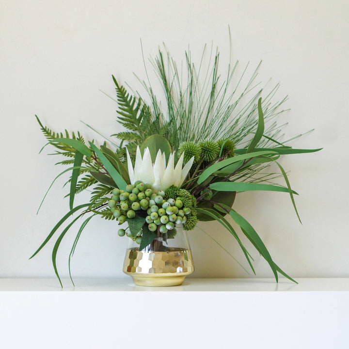 Realistic Faux Mixed Greenery Bouquet with Decorative Hammered Vase