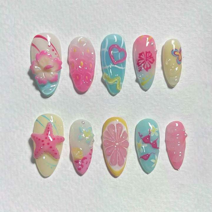 Artistic Floral and Star-Embellished Press-On Nail Set Stornfield