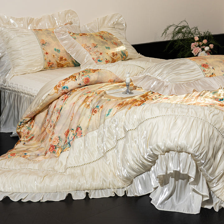 Satin-Trim Ruffled Floral Duvet Cover Set with Decorative Pillow Shams