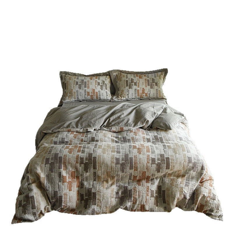 Quilted Cotton-Linen Abstract Block-Pattern Duvet Cover Set with Euro Shams & Deep-Pocket Fitted Sheet