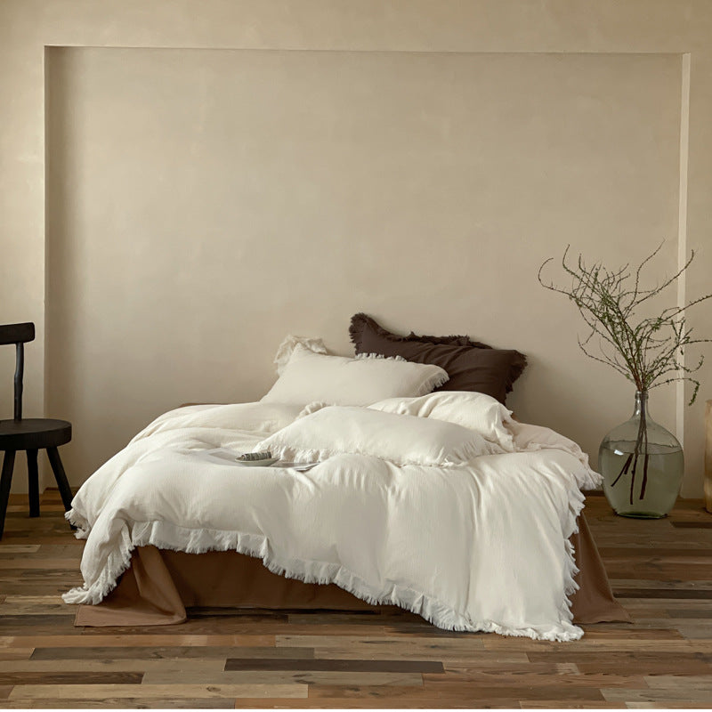Washed Cotton Gauze Fringed Duvet Cover Set with Skirted Base & Textured Pillow Shams