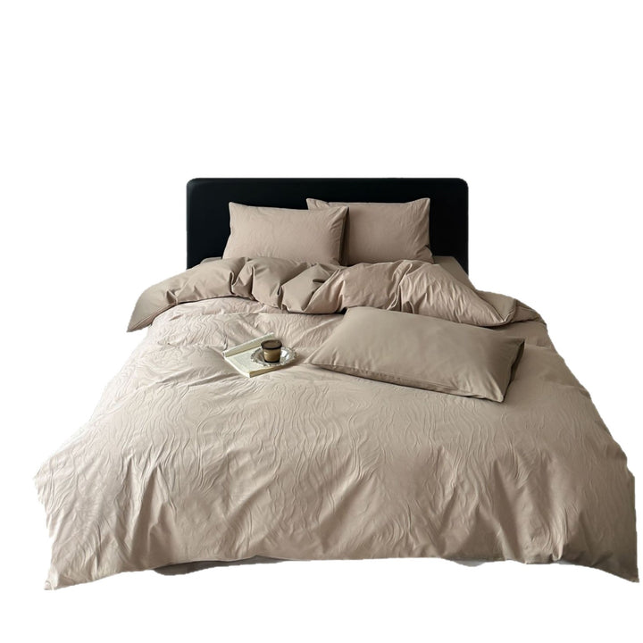 Luxury cotton satin bedding set with embossed wave texture and concealed hotel closure
