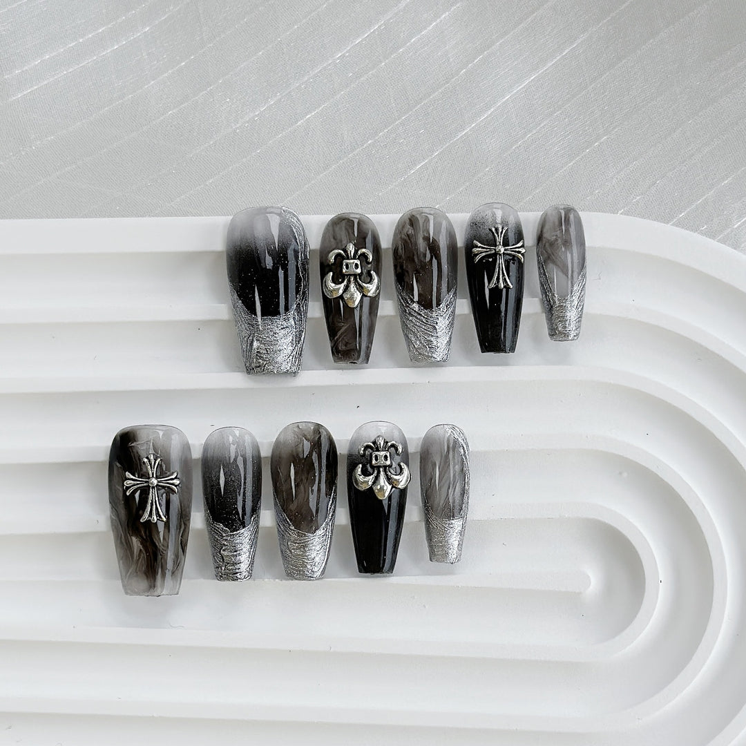 Artistic 3D Floral and Metallic Press-On Nail Set