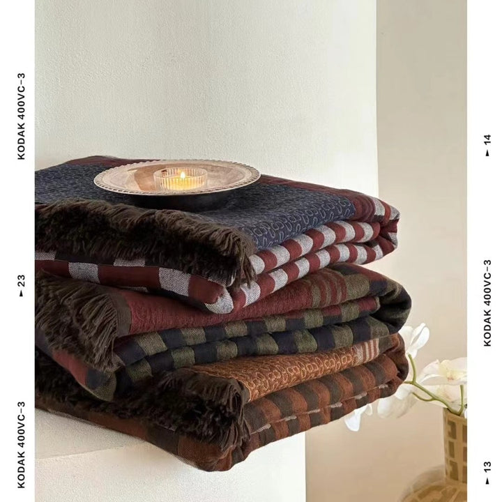 Woven Waffle-Texture Fringed Throw Blanket