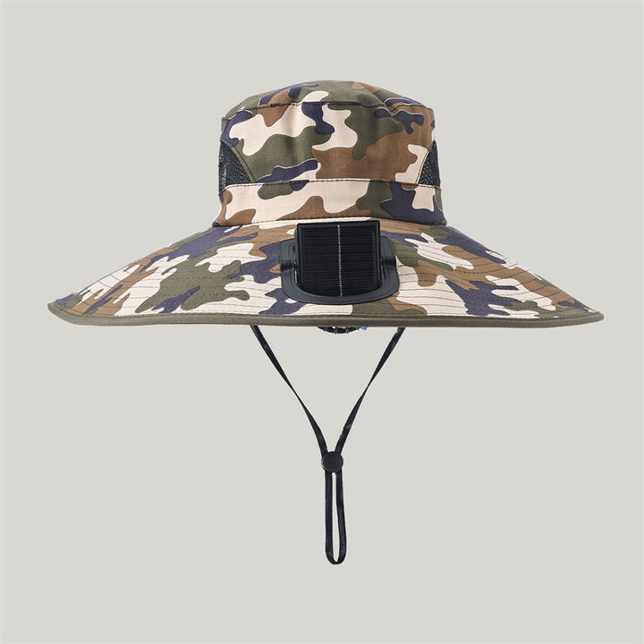 Wide-brimmed outdoor sun hat with solar-powered micro fan, breathable mesh and adjustable chin strap Stornfield