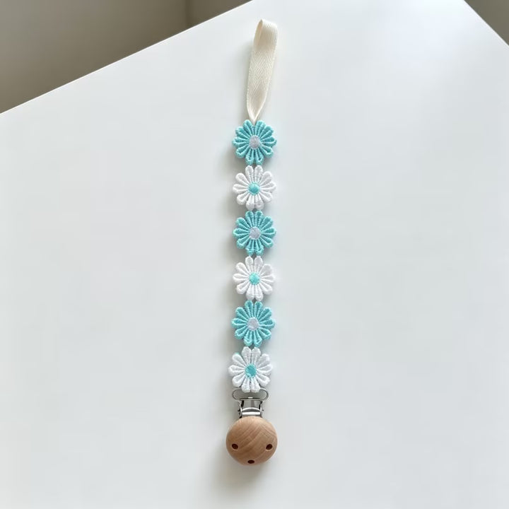 Crochet Floral Pacifier Clip with Wooden Bead Clip