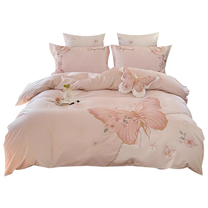 Embroidered Silk-Feel Butterfly Floral Duvet Cover Set