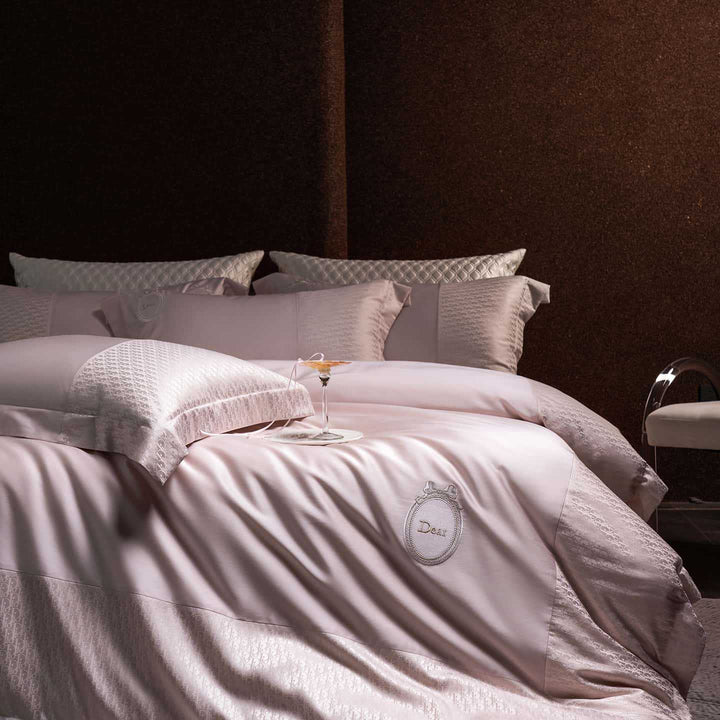 Luxurious satin bedding set with jacquard trim and embroidered coat of arms