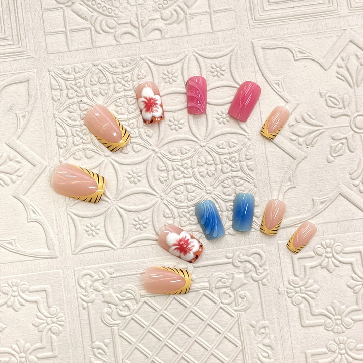 Artistic Press-On Nail Set with Floral and Wave Designs Stornfield
