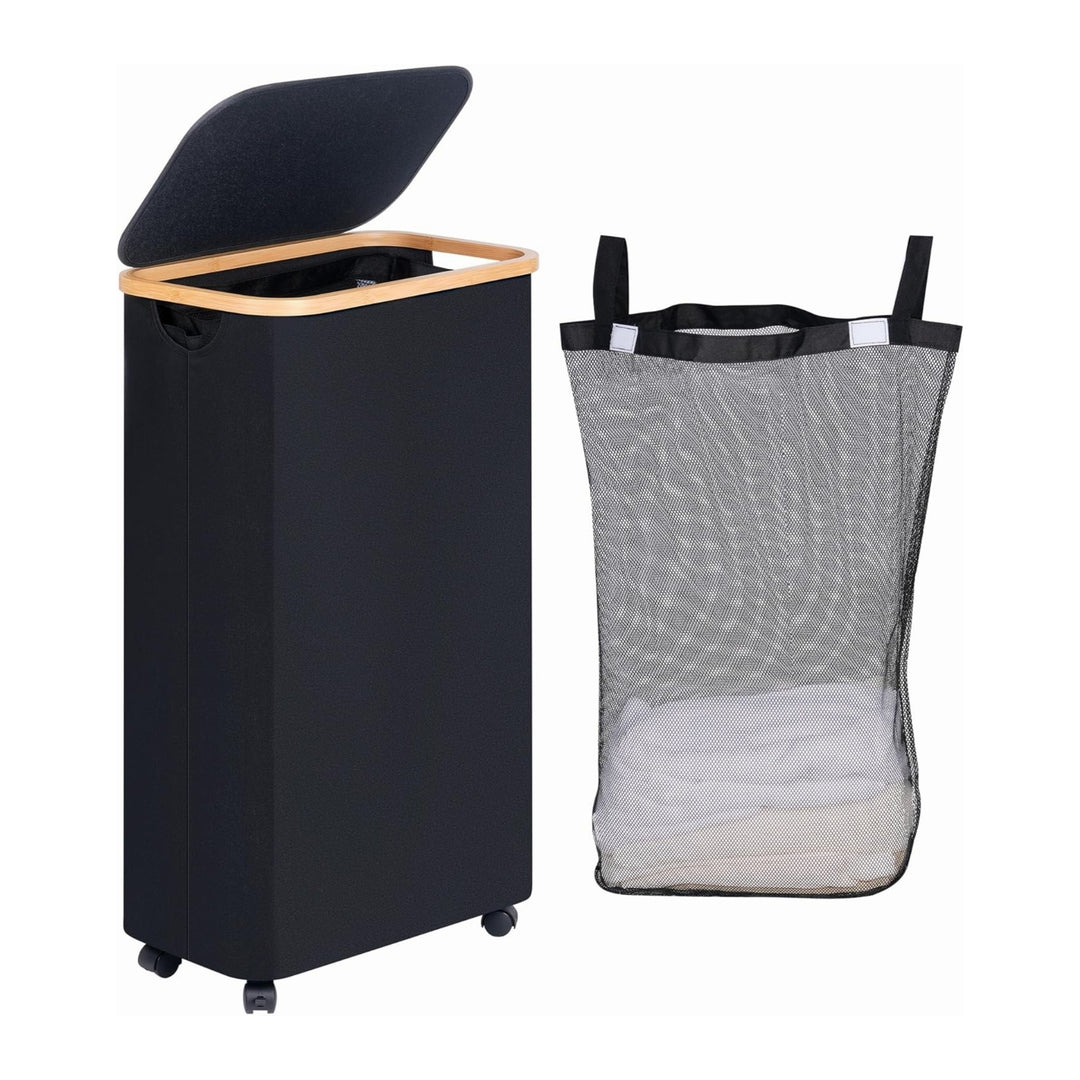 High-quality laundry container with bamboo lid and practical carrying handle Stornfield