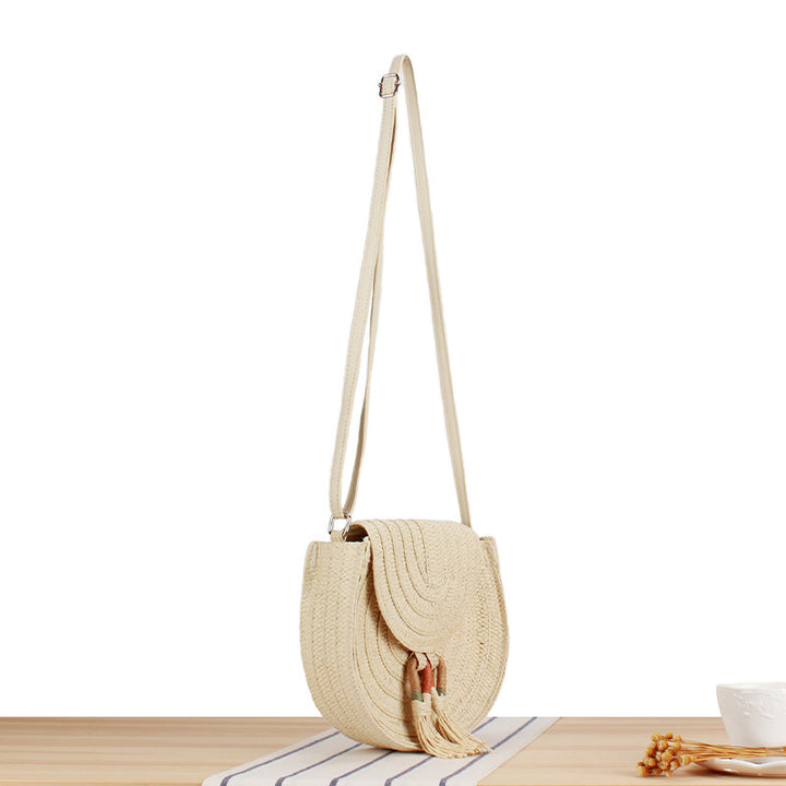 Round Bast Crossbody Bag with Tassels by Stornfield