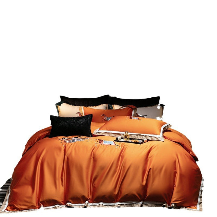 Luxury Satin Embroidered Duvet Cover Set with Horse Motif