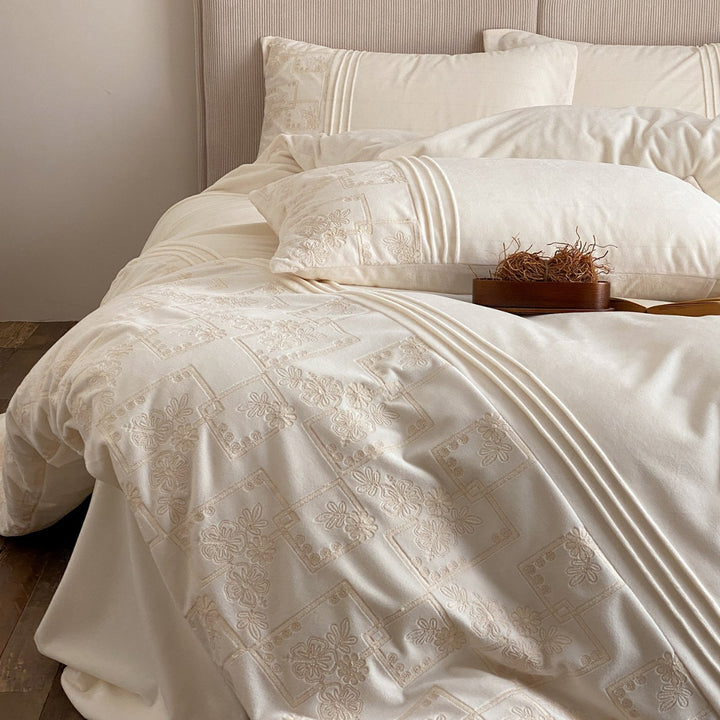 Embroidered Cotton Sateen Duvet Cover Set with Pintuck Panels and Pillow Shams