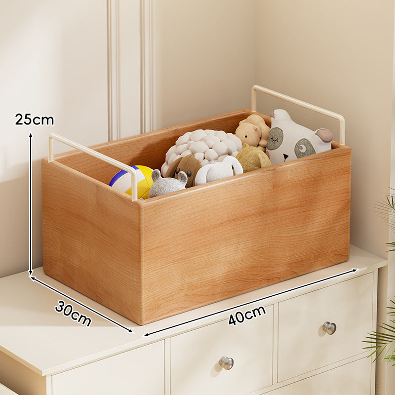 Solid Wood Rolling Toy Storage Box with Metal Handles and Quiet Casters