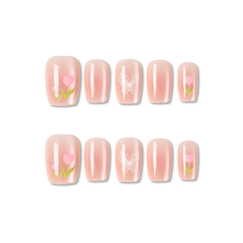 Artistic Press-On Nail Set with Floral Accents Stornfield 1787395327