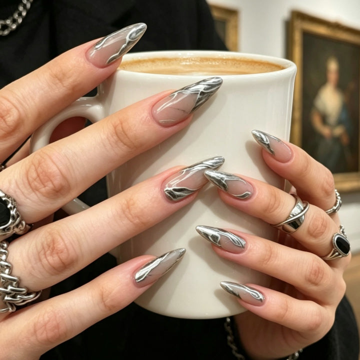 Metallic Marble Art Stiletto Press-On Nails Stornfield