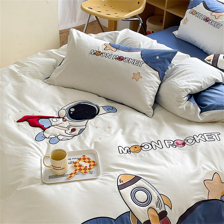 Children's Space-Themed Cotton Duvet Cover and Pillowcase Set