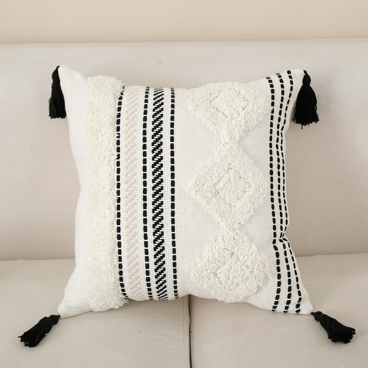 Decorative Cotton Tufted Square Throw Pillow with Tassel Corners and Geometric Stripe Embroidery