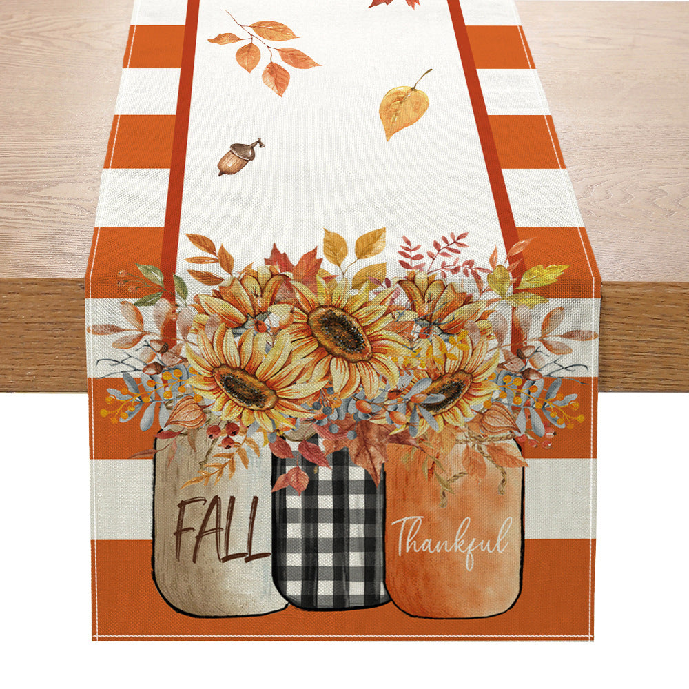 Autumn Cotton-Linen Decorative Table Runner with Pumpkin & Gingham Border