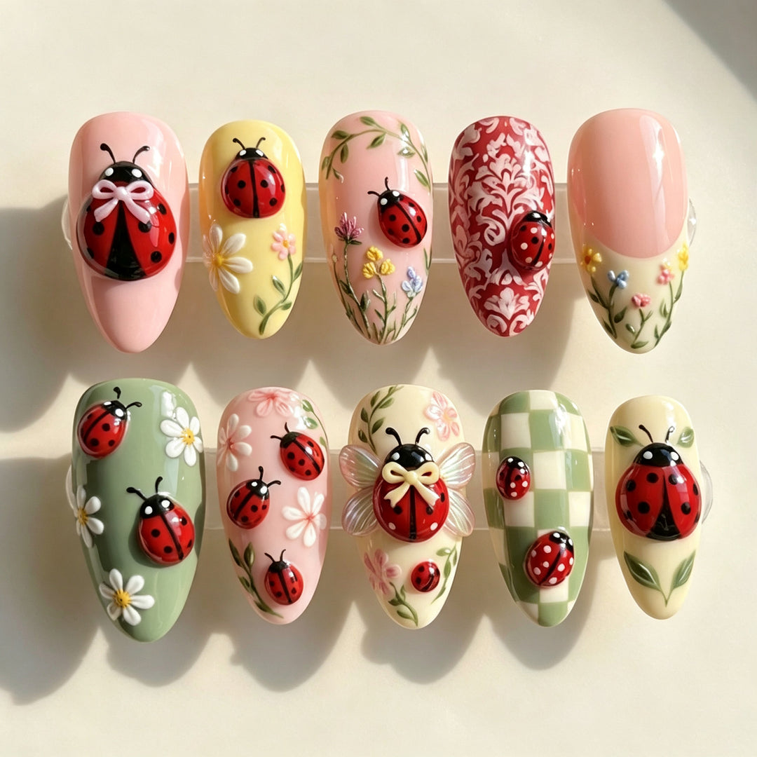 Ladybug-Themed Press-On Nail Art