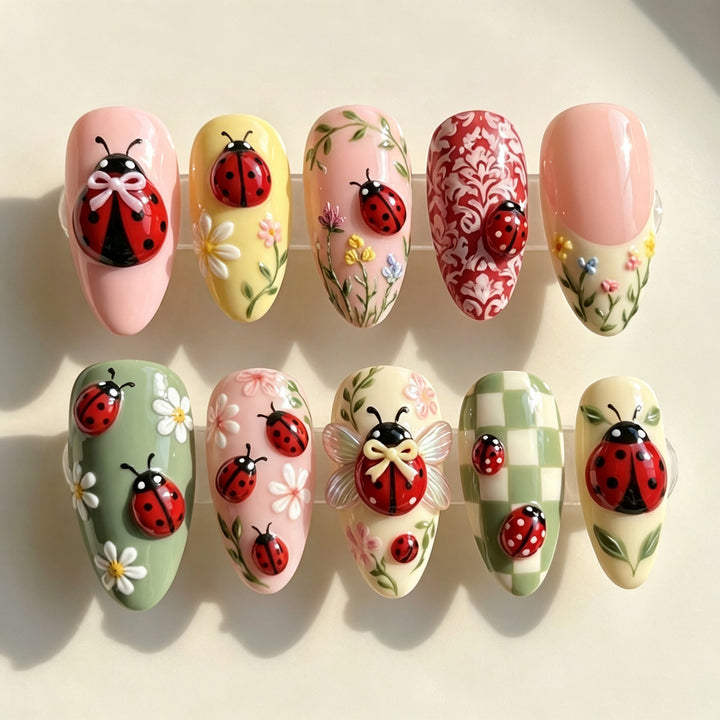 Ladybug-Themed Press-On Nail Art