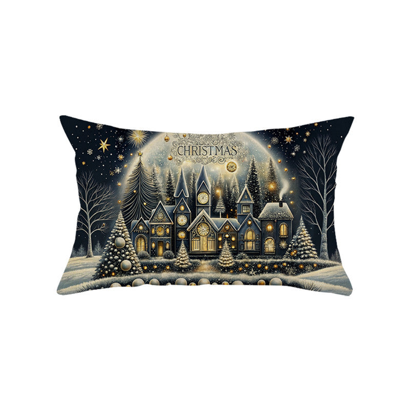Festive Cotton-Linen Christmas Decorative Rectangular Pillow Cover with Santa Illustration and Hidden Zipper