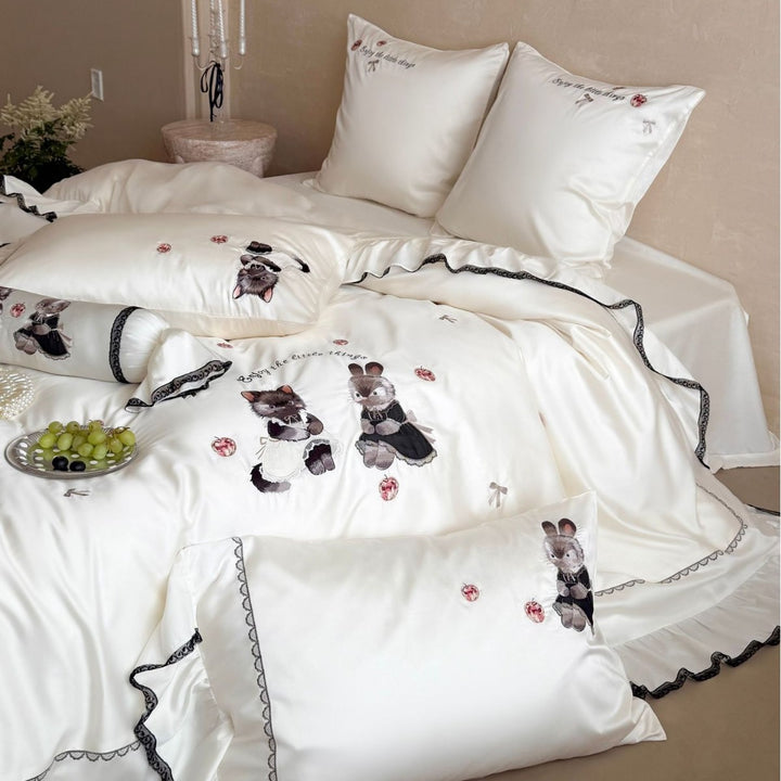 Embroidered Ruffled Satin-Feel Duvet Cover Set with Animal Appliqué & Decorative Bolster