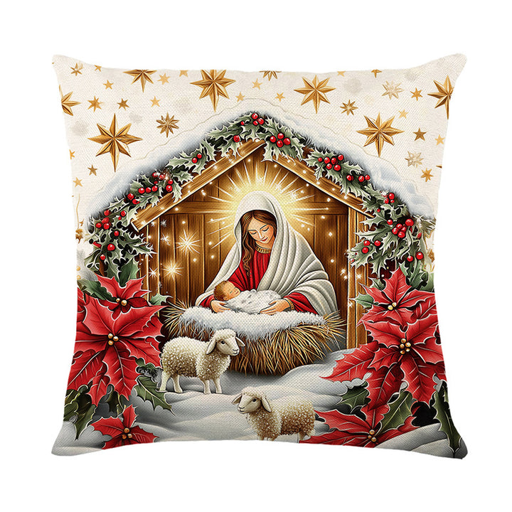 Holiday Nativity Manger Illustration Cotton-Linen Decorative Pillow Cover