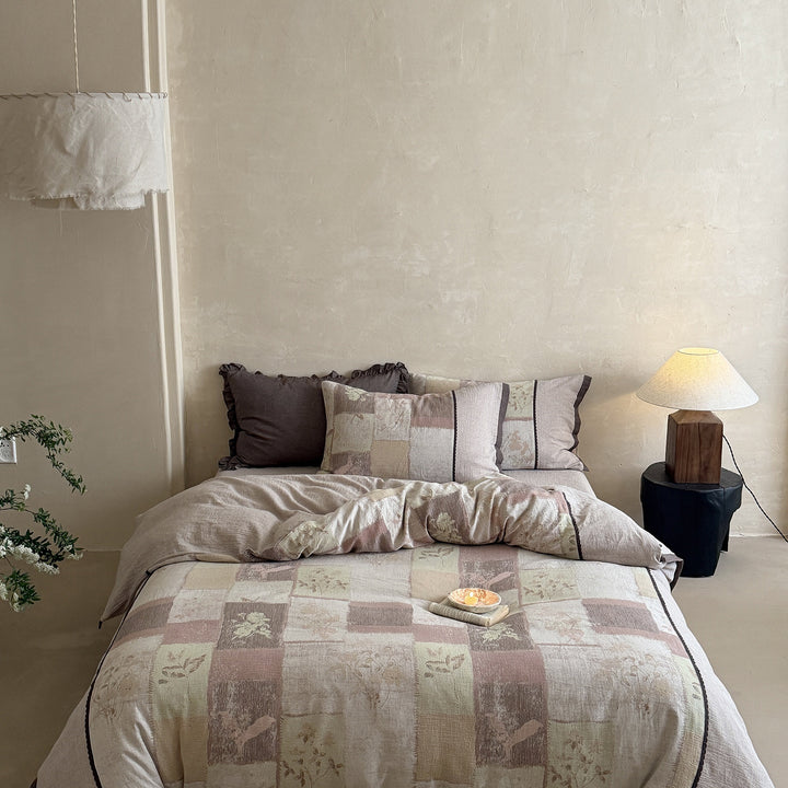 Reversible Patchwork Linen Cotton Duvet Cover Set with Floral Block Print and Piped Edge