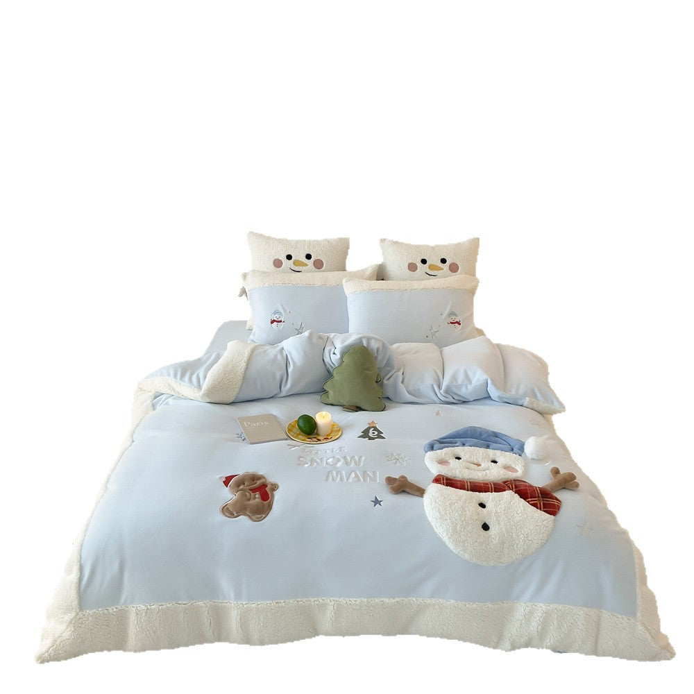 Children's bedding set with teddy fleece edge and three-dimensional snowman appliqués