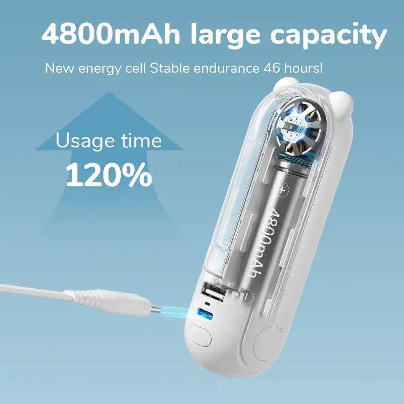 Unisex one size foldable rechargeable triple handheld mini fan with integrated power bank USB-C and USB-A connections as well as wrist strap Stornfield