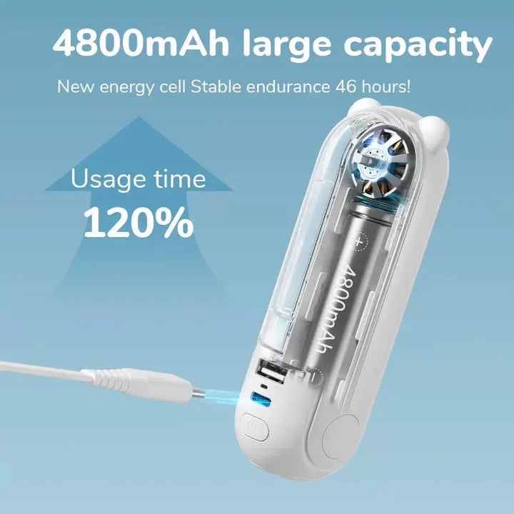 Unisex one size foldable rechargeable triple handheld mini fan with integrated power bank USB-C and USB-A connections as well as wrist strap Stornfield