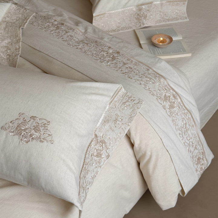 Artisan Washed Linen Duvet Cover Set with Hand‑stitched Baroque Embroidery
