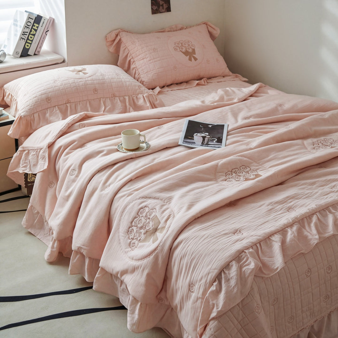 Quilted Floral Embroidered Ruffled Cotton Duvet Cover Set