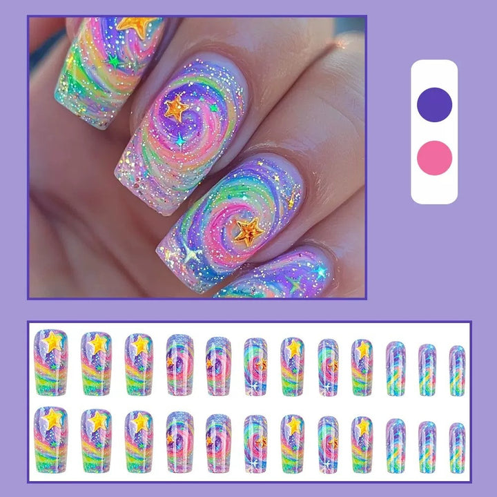 Glittering artificial nail set with colorful spiral design and star accents Stornfield