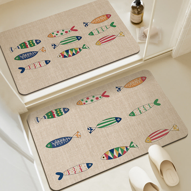 Absorbent Low-Profile Jute-Texture Fish Pattern Entrance & Bath Mat