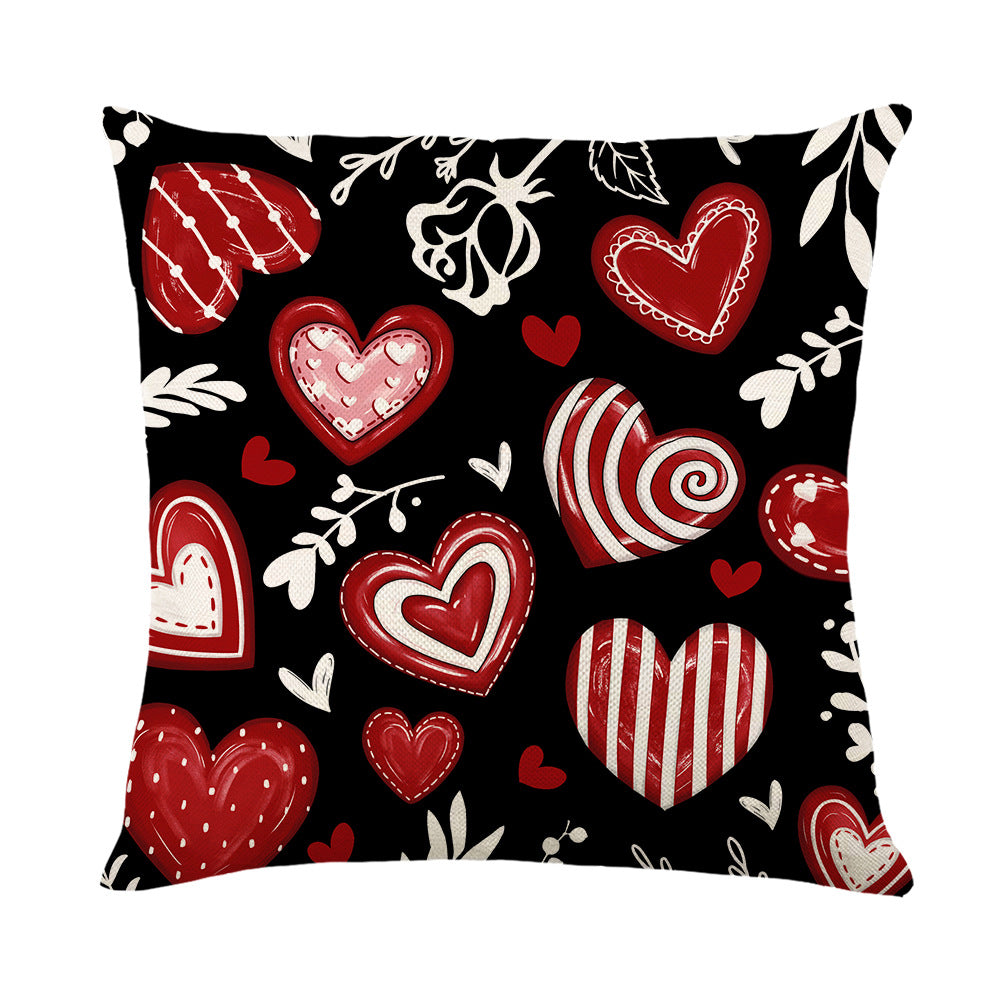 Decorative Square Cotton-Linen Throw Pillow Cover Heart 'Love' Illustration with Plaid Bow and Botanical Accents