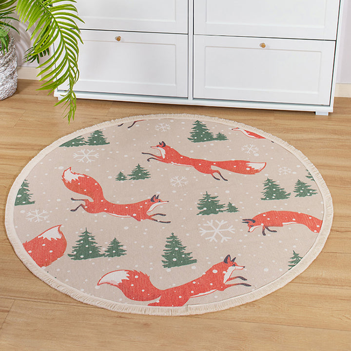 Round woven rug with mandala motif, flat cotton-jute mix and fringes Stornfield