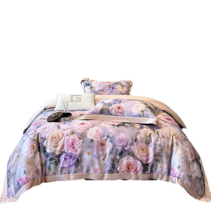 Luxurious satin bedding set with rose pattern and silky shiny surface