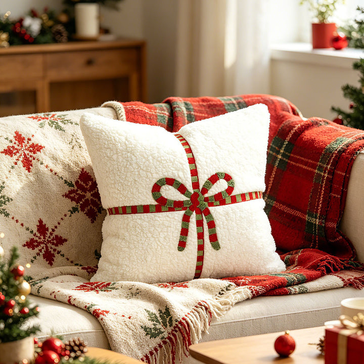 Holiday Textured Plush Throw Pillow with Embroidered Ribbon Bow