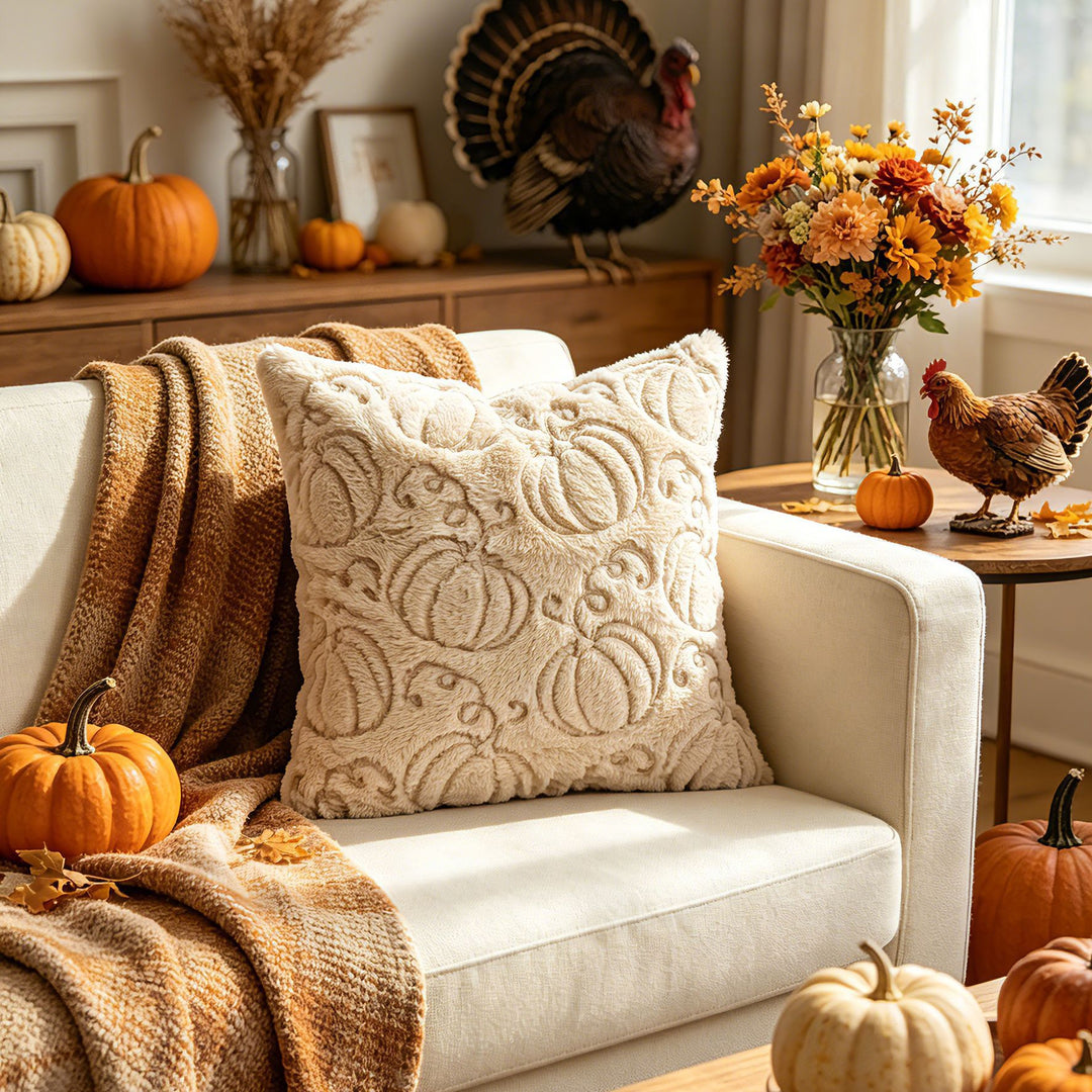 Autumn Plush Decorative Throw Pillow with Embossed Pumpkin Texture