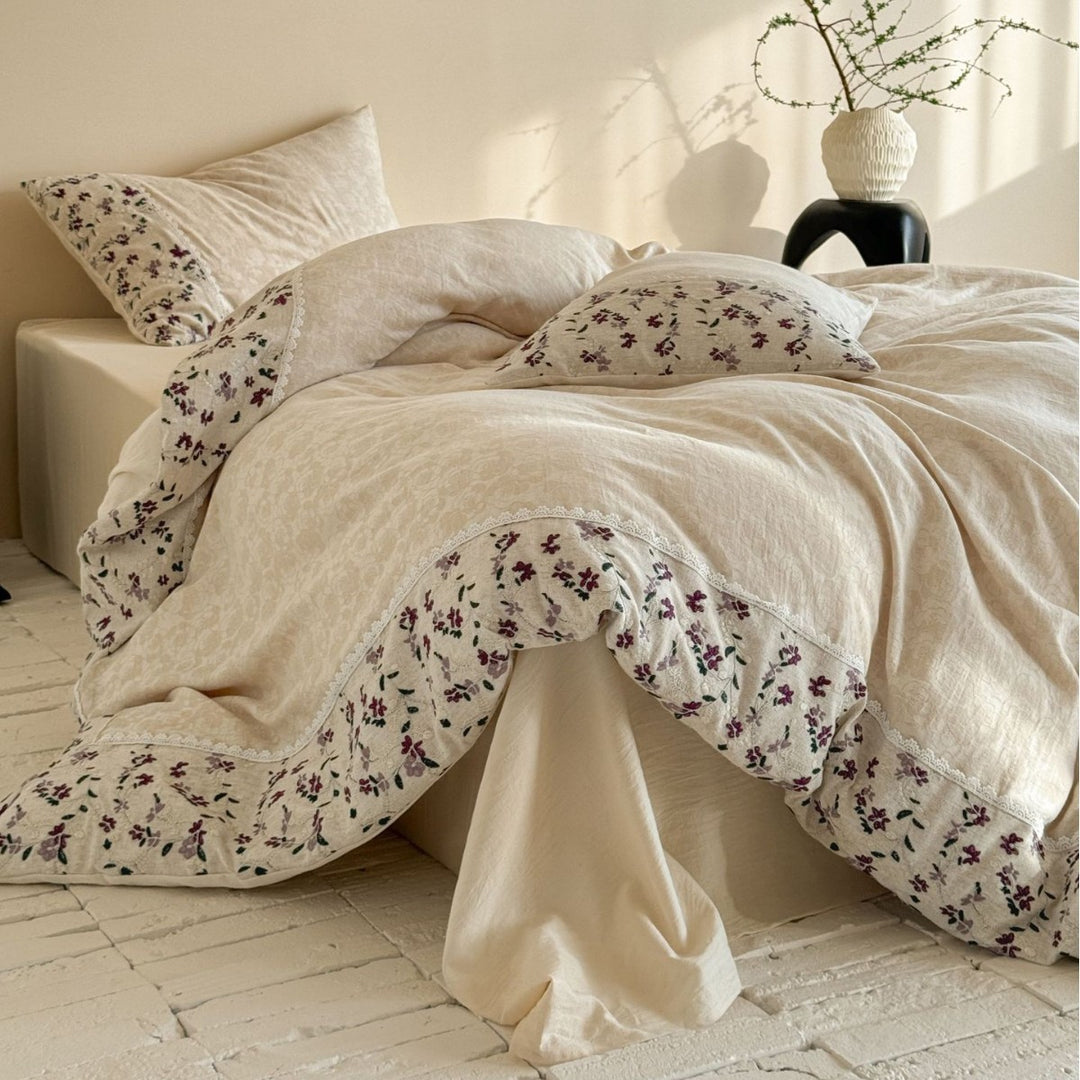 Floral-Trim Cotton Sateen Duvet Cover Set with Lace Edge