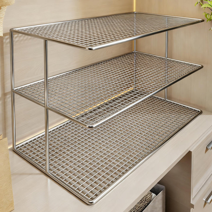 Triple-Tier Grid Mesh Closet Shelf Organizer with Stackable Modular Design