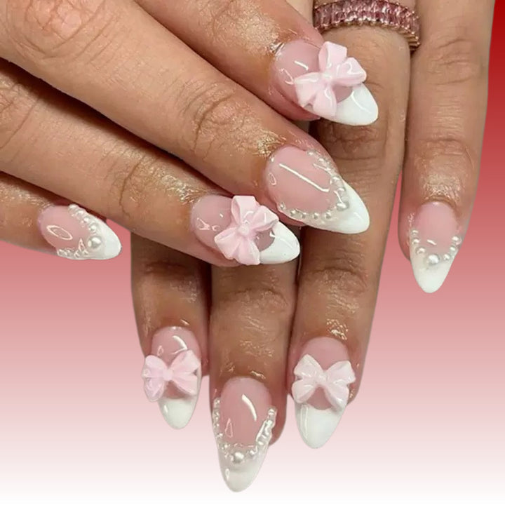 Elegant Artificial Nails with Bows and Pearl Design Stornfield