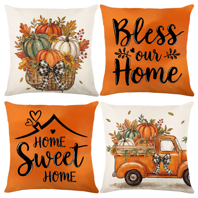 Decorative Harvest-Themed Throw Pillow Covers with Linen Texture