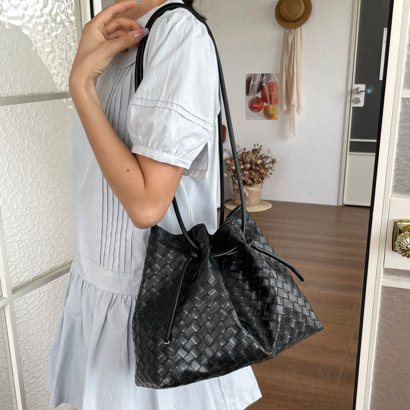 Woven Leather Bucket Bag with Pouch