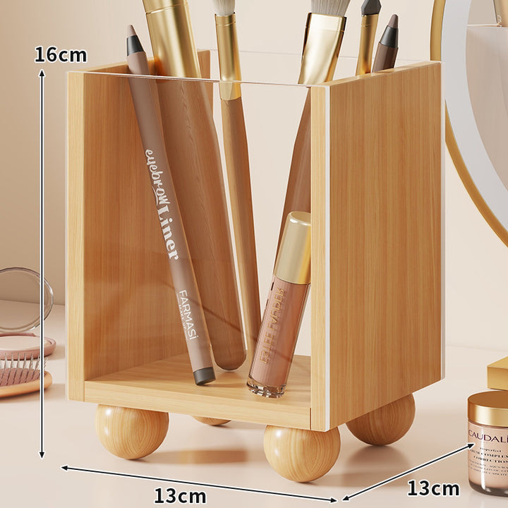 Small Square Cosmetic Brush and Makeup Organizer Box with Smoky Acrylic Front and Round Wood Feet