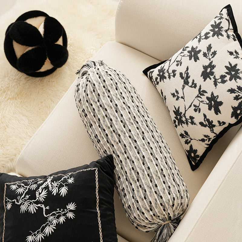 Boho-woven decorative pillow set with cylinder roll and square fringe cover