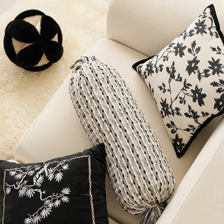 Boho-woven decorative pillow set with cylinder roll and square fringe cover
